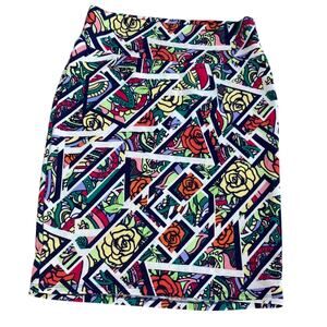 LuLaRoe Cassie skirt Sz L Stretch Pencil comic book roses paisley floral flower